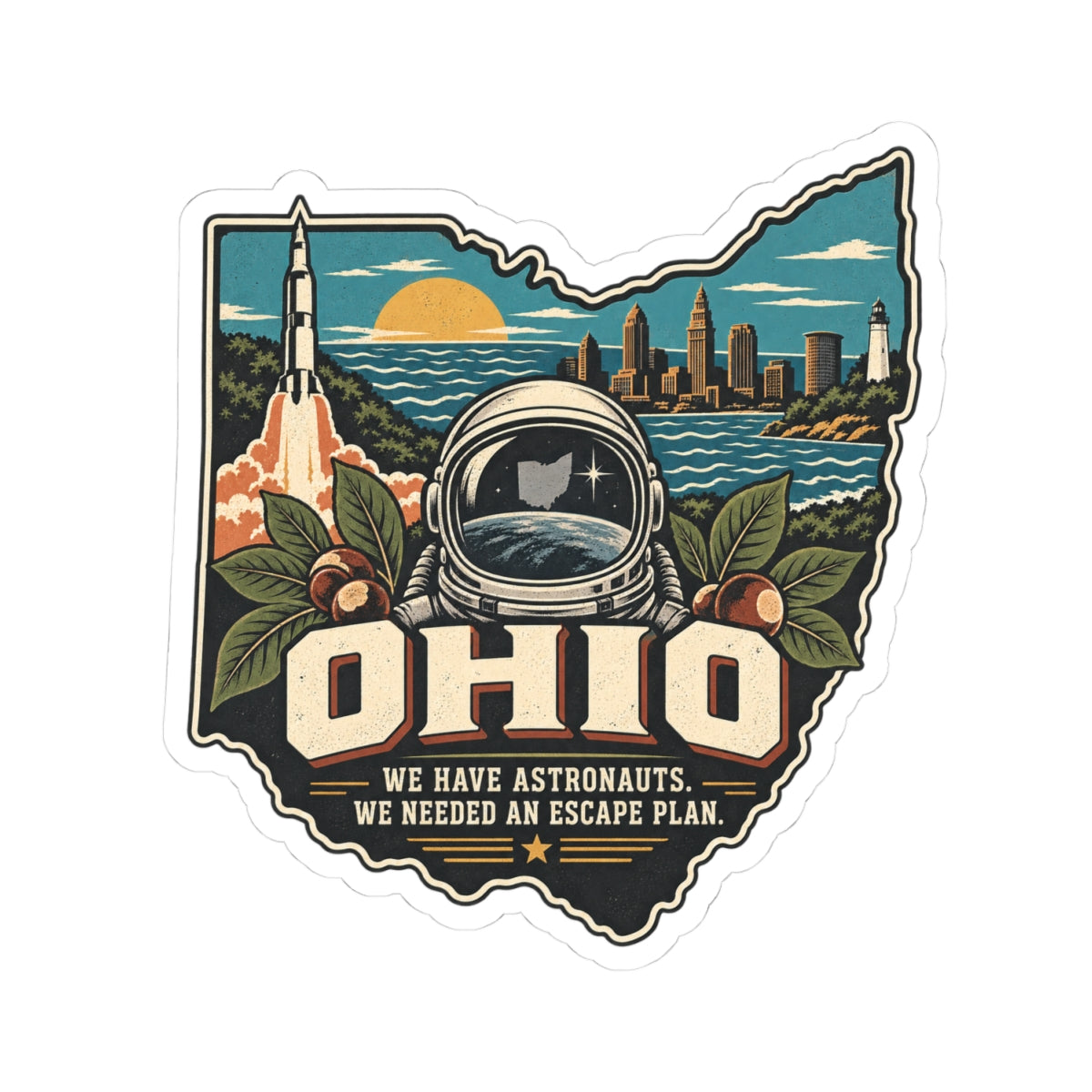 Ohio State Map Kiss-Cut Sticker — Vintage Scenic Landmark