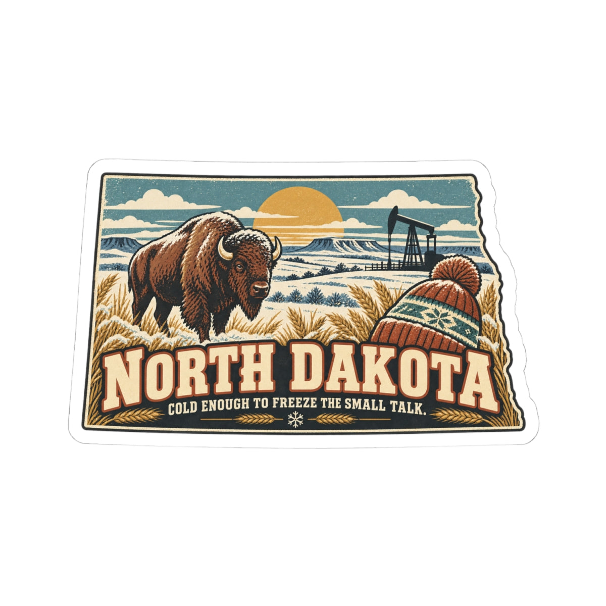 North Dakota State Map Kiss-Cut Sticker — Vintage Scenic Landmark