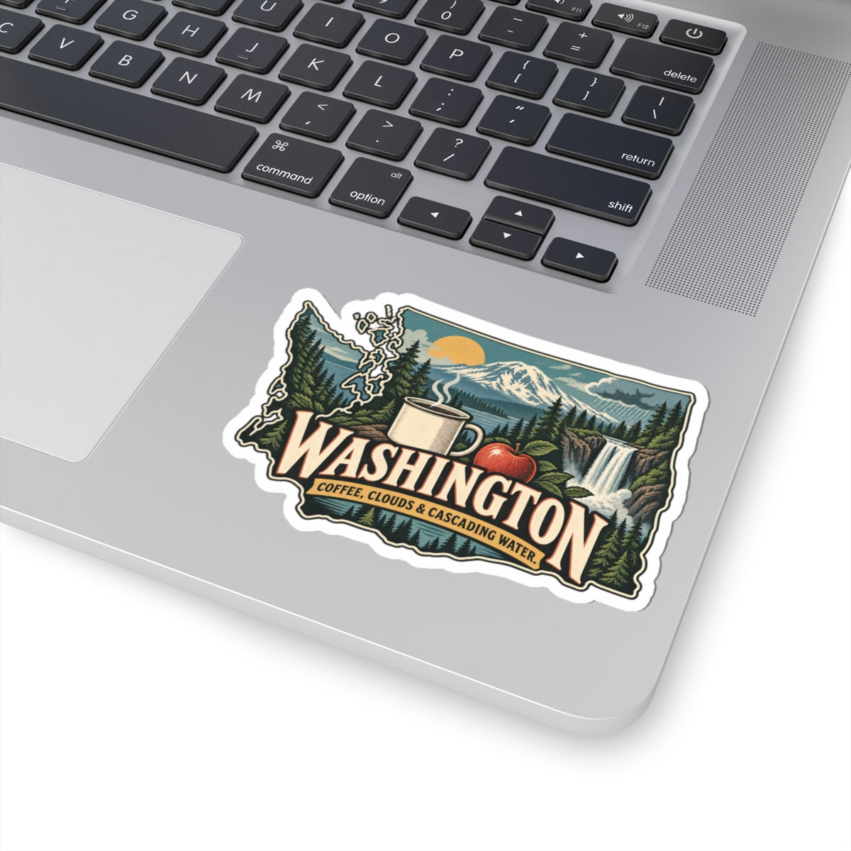 Washington State Map Kiss-Cut Sticker — Vintage Scenic Landmark