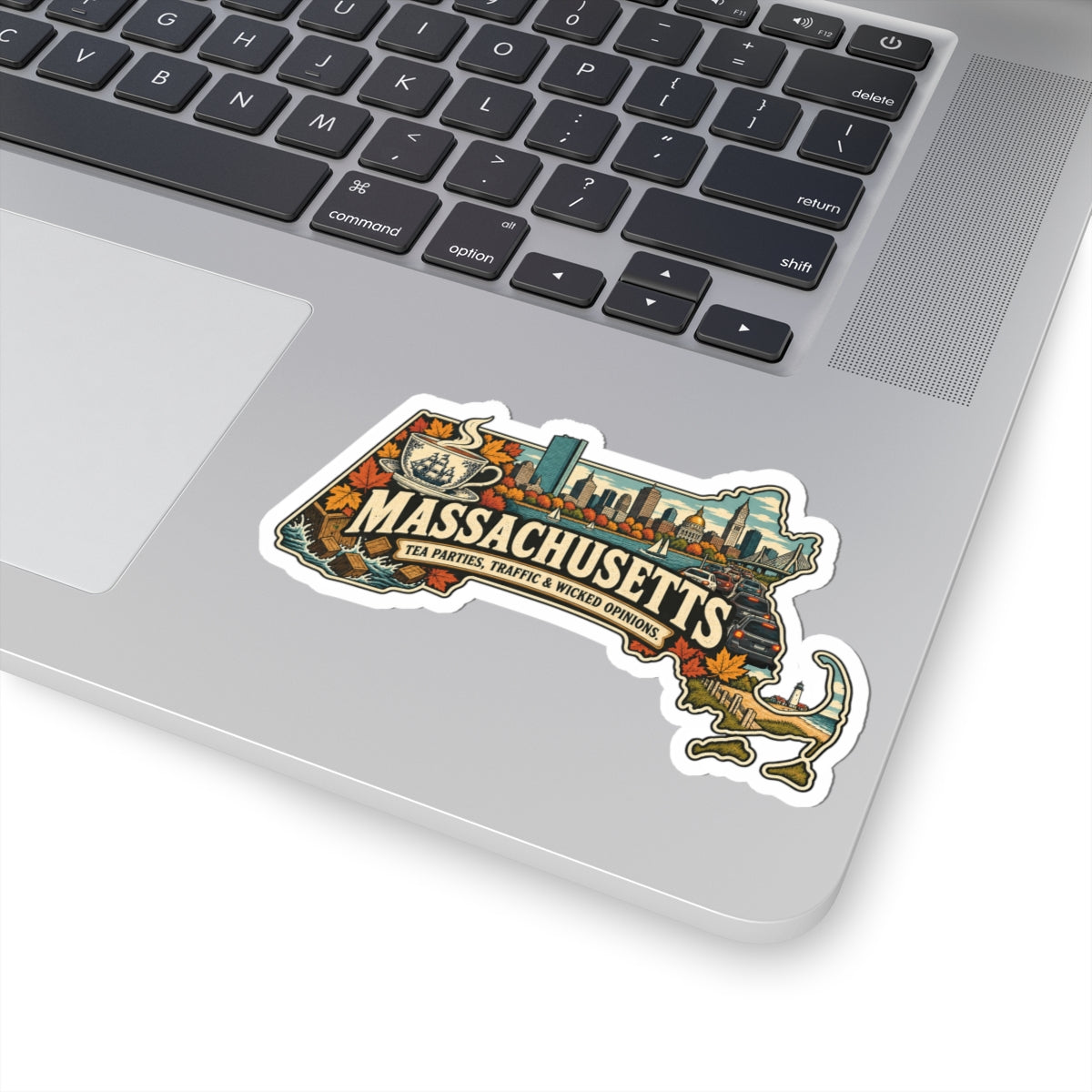 Massachusetts State Map Kiss-Cut Sticker — Vintage Scenic Landmark