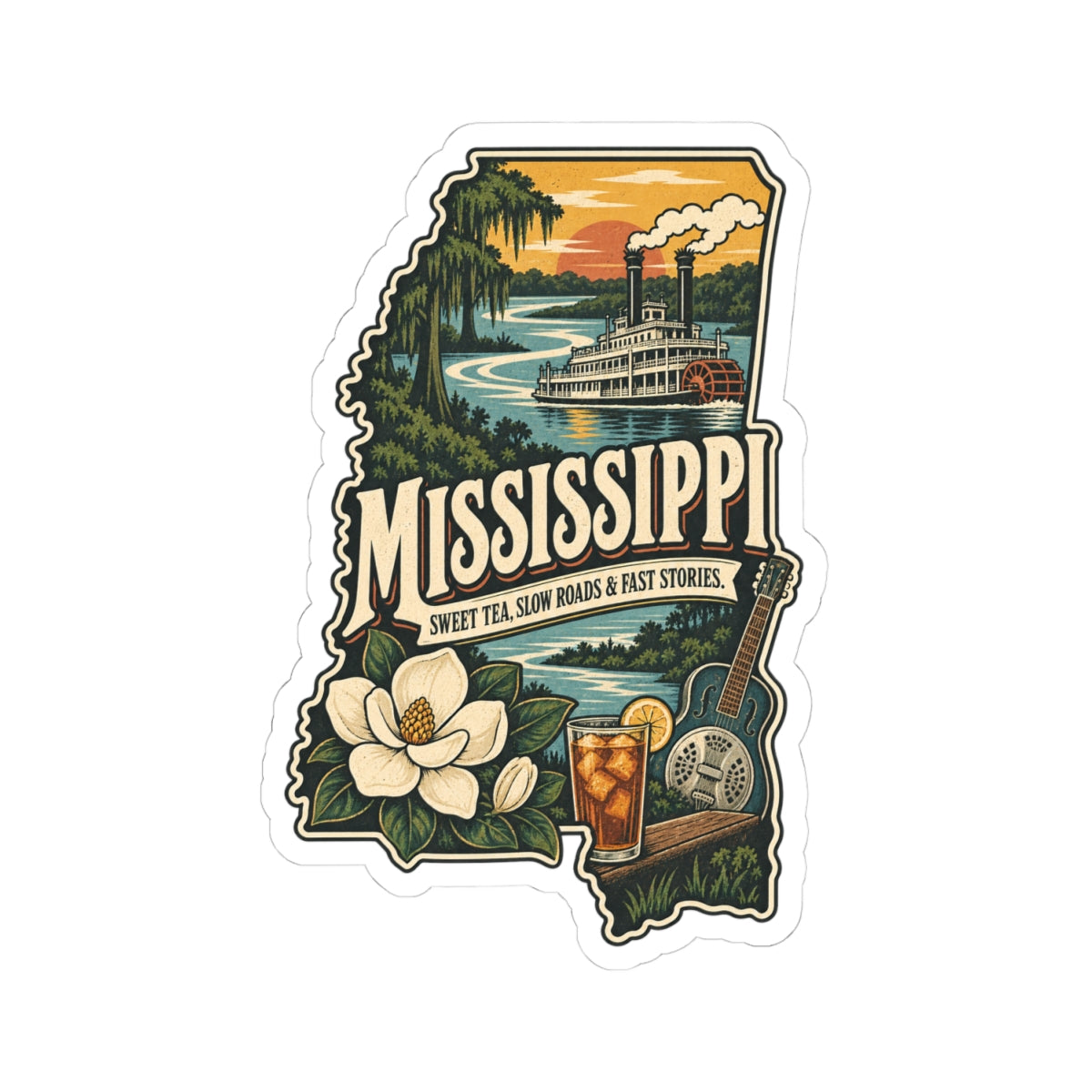 Mississippi State Map Kiss-Cut Sticker — Vintage Scenic Landmark