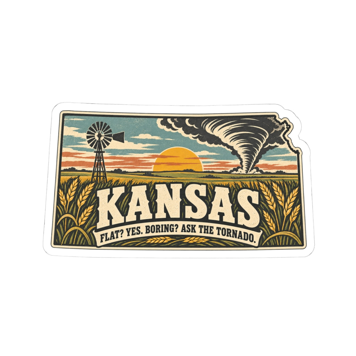 Kansas State Map Kiss-Cut Sticker — Vintage Scenic Landmark