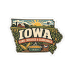 Iowa State Map Kiss-Cut Sticker — Vintage Scenic Landmark