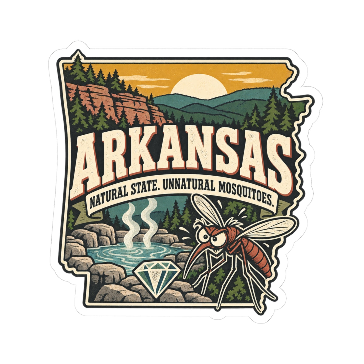 Arkansas Vintage Travel Sticker — “Natural State, Unnatural Mosquitoes”