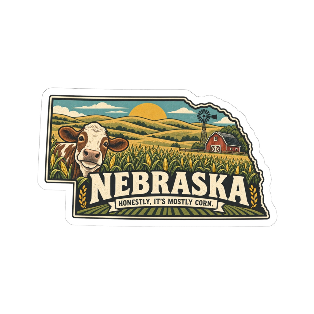 Nebraska State Map Kiss-Cut Sticker — Vintage Scenic Landmark