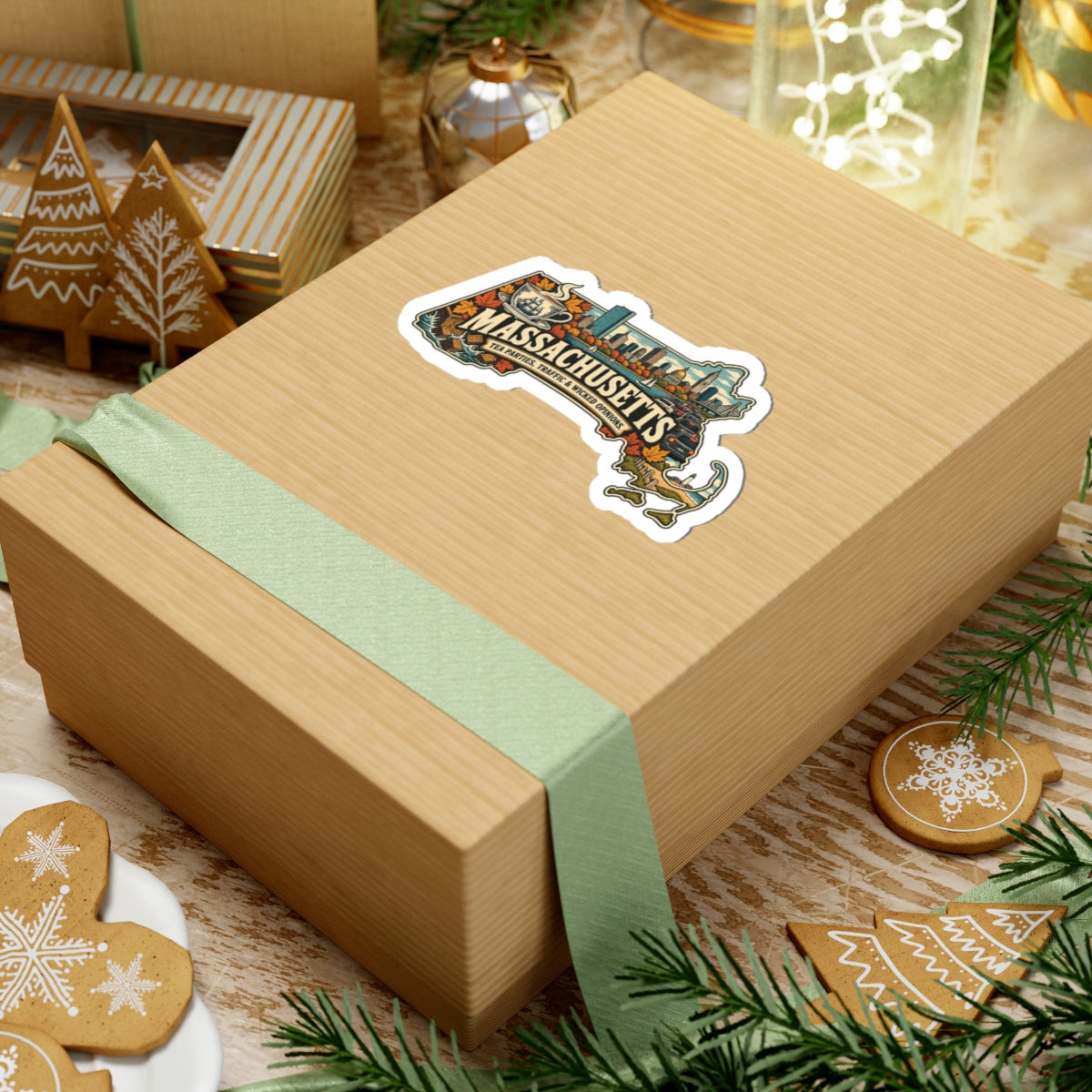 Massachusetts State Map Kiss-Cut Sticker — Vintage Scenic Landmark