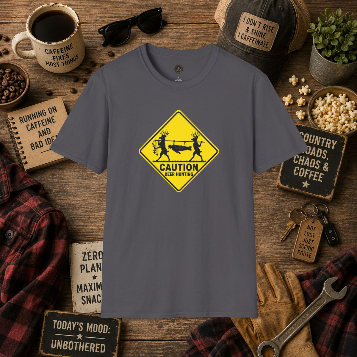 Caution 2 Deer Hunting - Hunter Road Sign Tee
