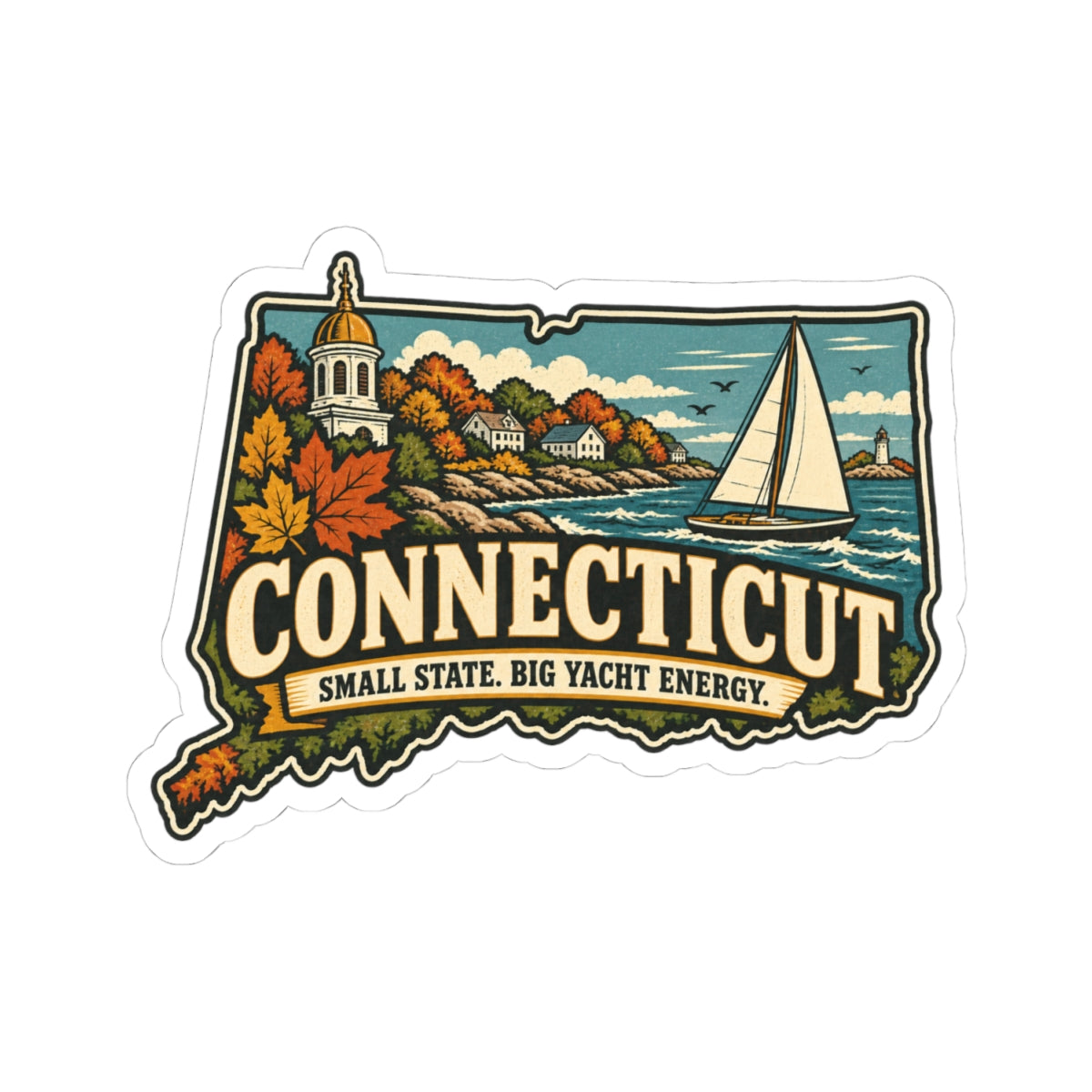 Connecticut State Map Kiss-Cut Sticker — Vintage Scenic Landmark