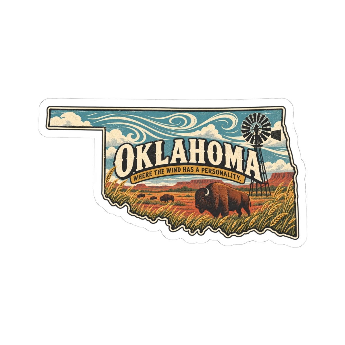 Oklahoma State Map Kiss-Cut Sticker — Vintage Scenic Landmark