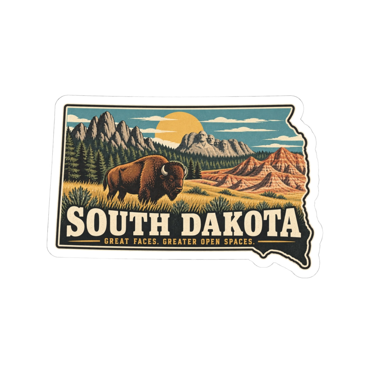 South Dakota State Map Kiss-Cut Sticker — Vintage Scenic Landmark