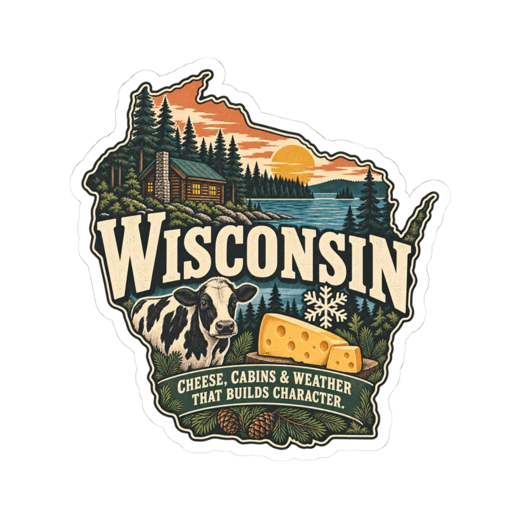 Wisconsin State Map Kiss-Cut Sticker — Vintage Scenic Landmark