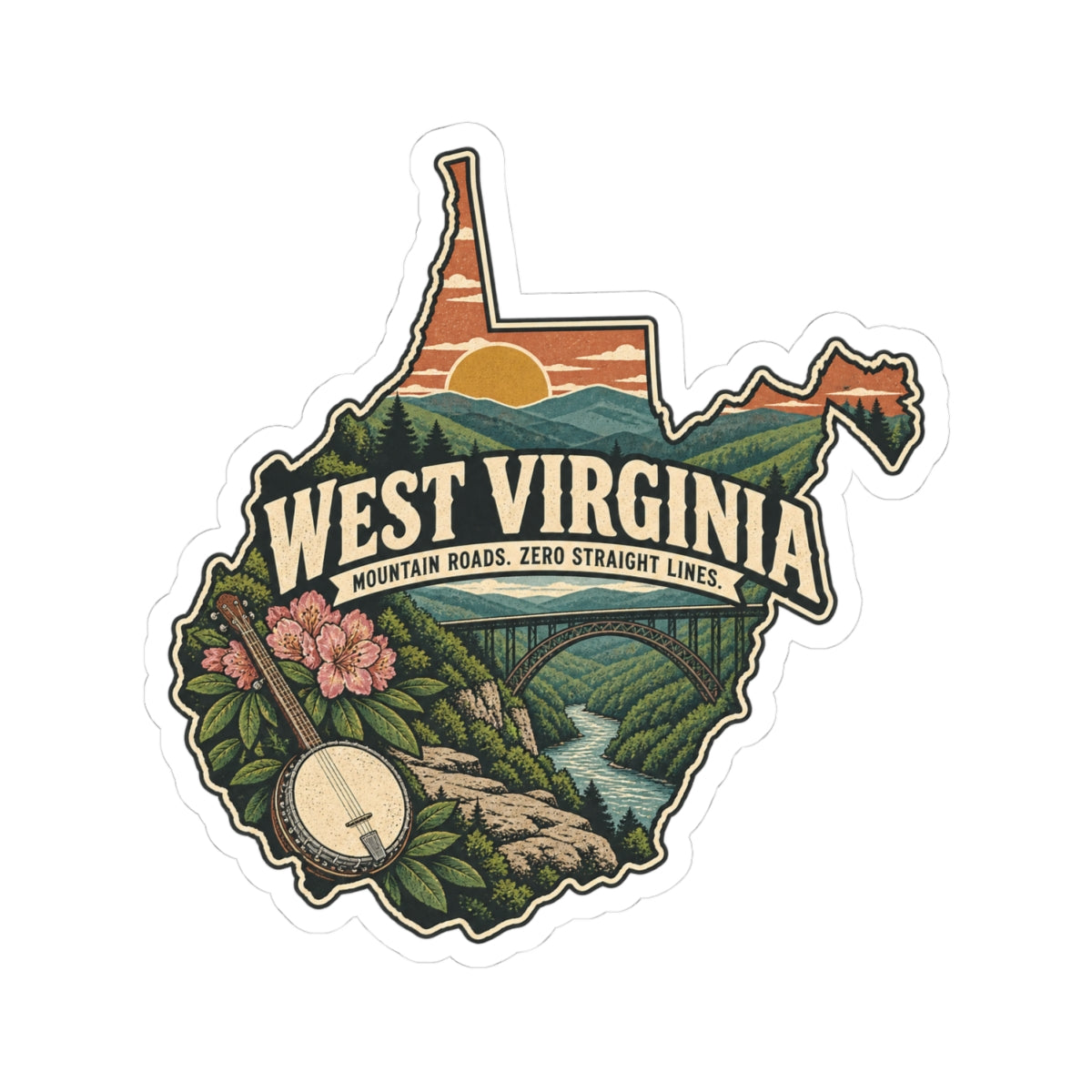 West Virginia State Map Kiss-Cut Sticker — Vintage Scenic Landmark