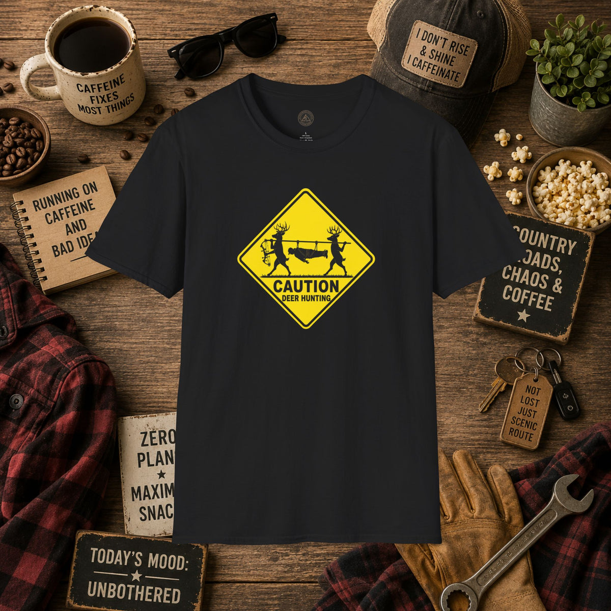 Caution 2 Deer Hunting - Hunter Road Sign Tee