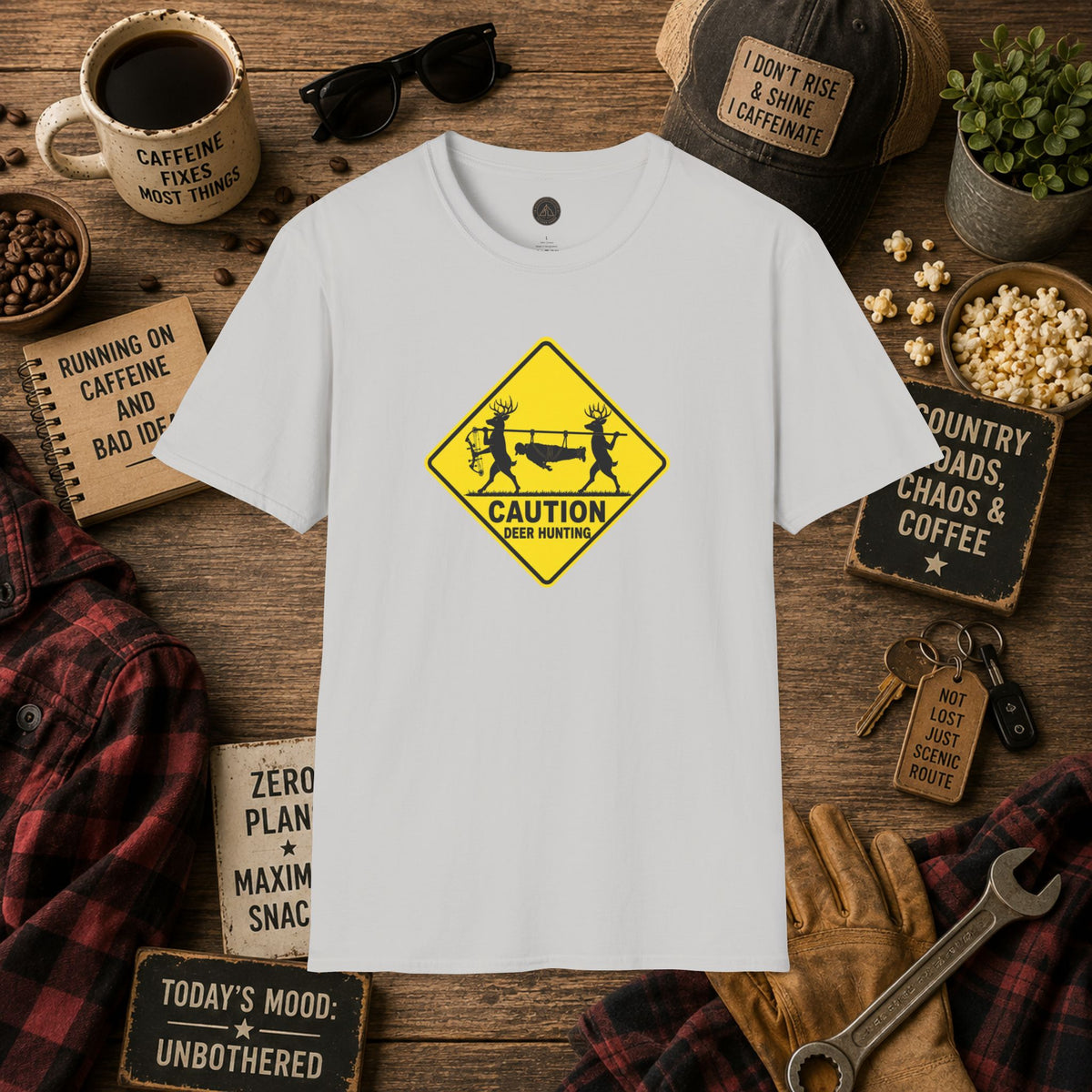 Caution 2 Deer Hunting - Hunter Road Sign Tee