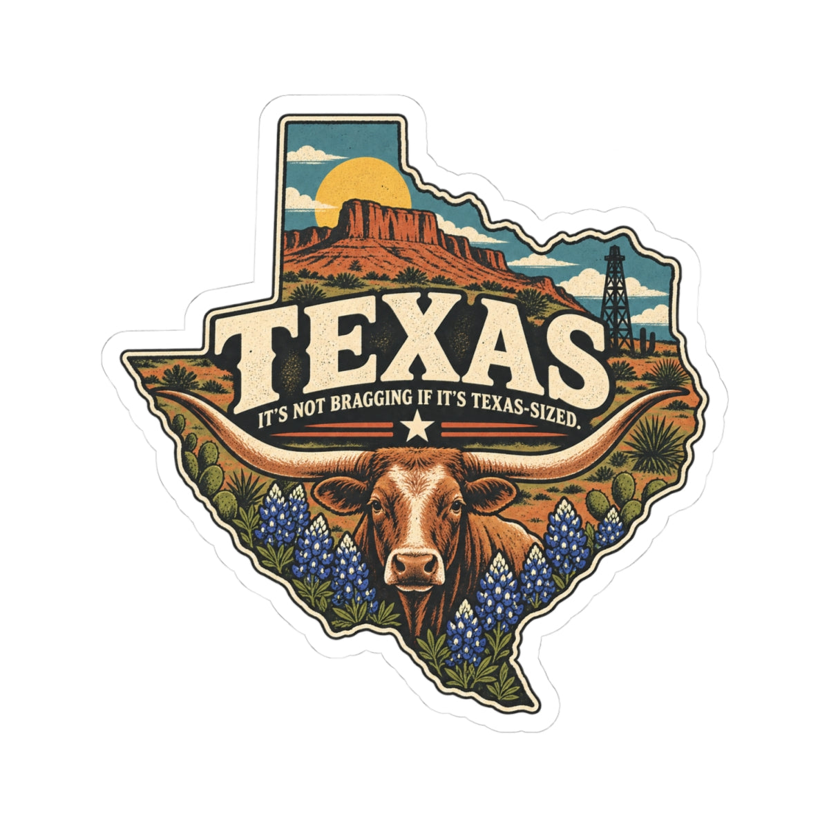 Texas State Map Kiss-Cut Sticker — Vintage Scenic Landmark