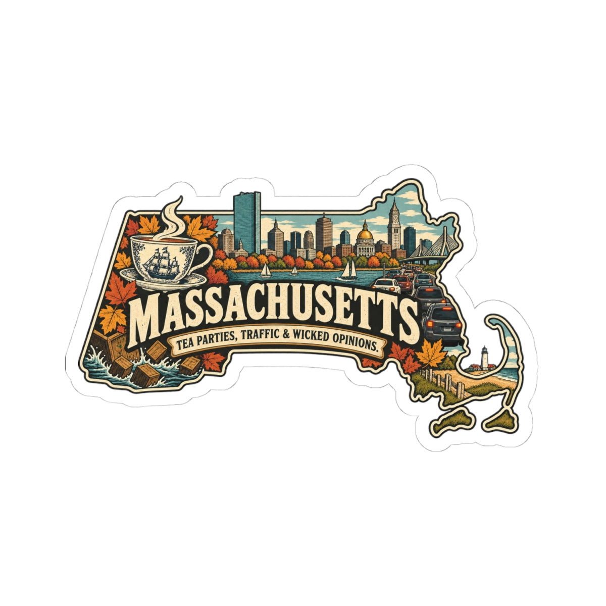 Massachusetts State Map Kiss-Cut Sticker — Vintage Scenic Landmark