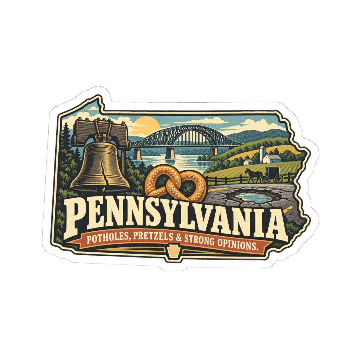 Pennsylvania State Map Kiss-Cut Sticker — Vintage Scenic Landmark