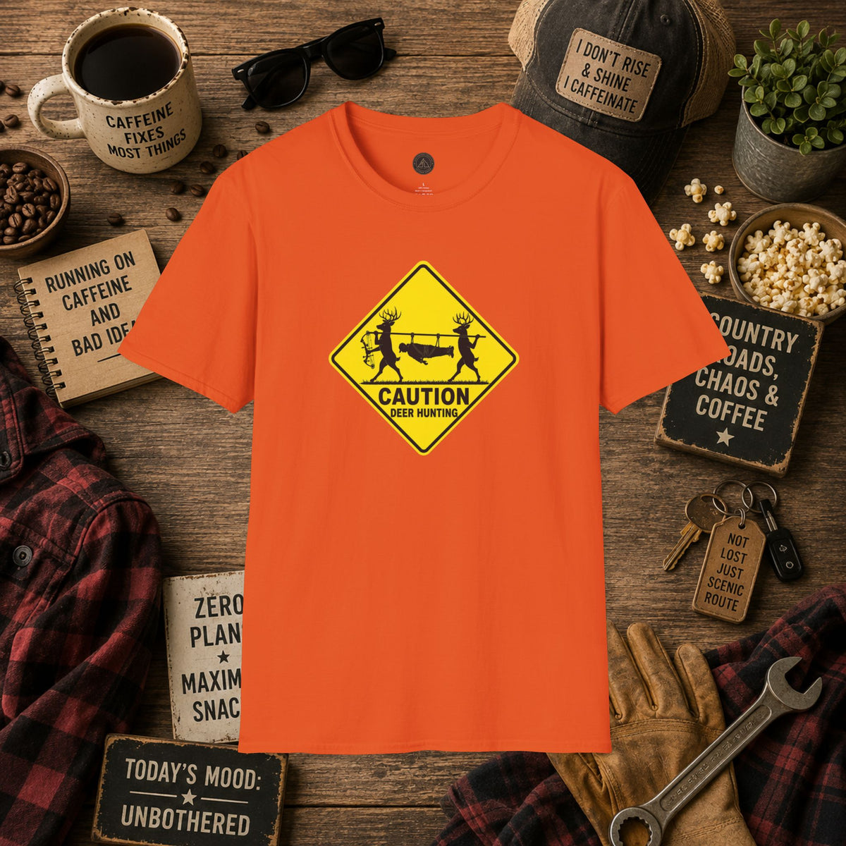 Caution 2 Deer Hunting - Hunter Road Sign Tee