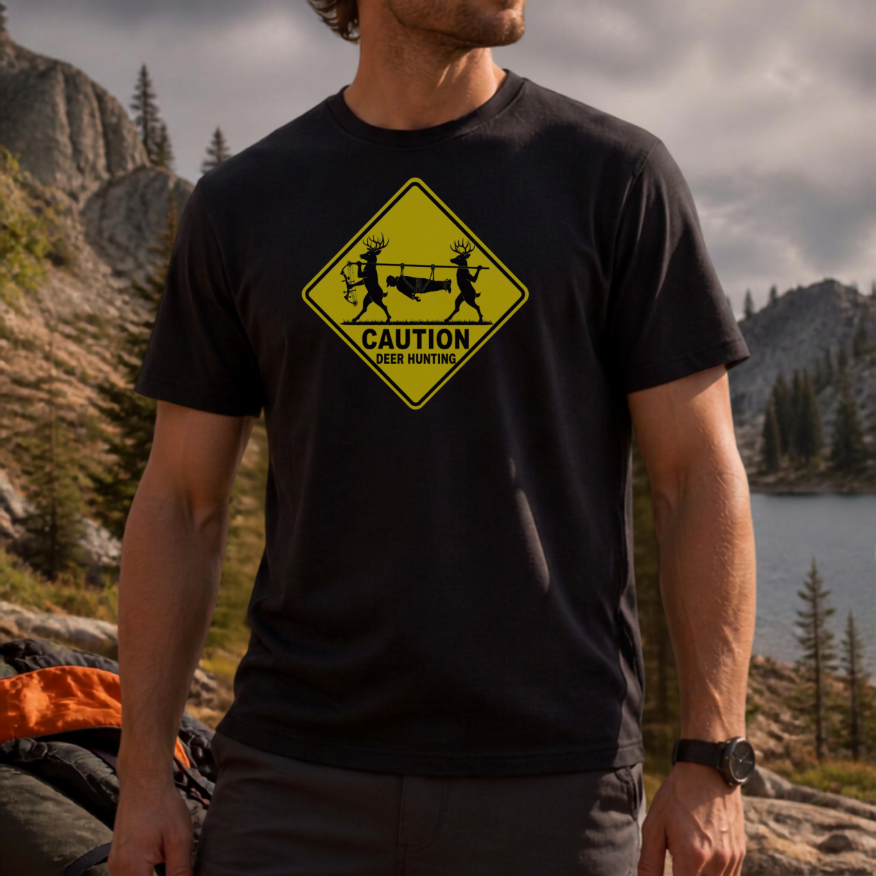 Caution 2 Deer Hunting - Hunter Road Sign Tee