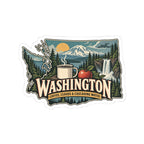 Washington State Map Kiss-Cut Sticker — Vintage Scenic Landmark