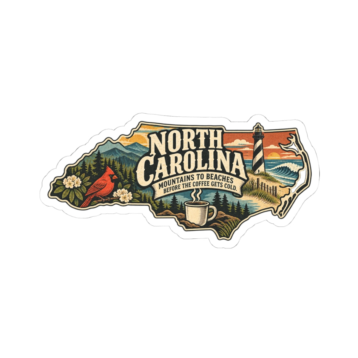North Carolina State Map Kiss-Cut Sticker — Vintage Scenic Landmark