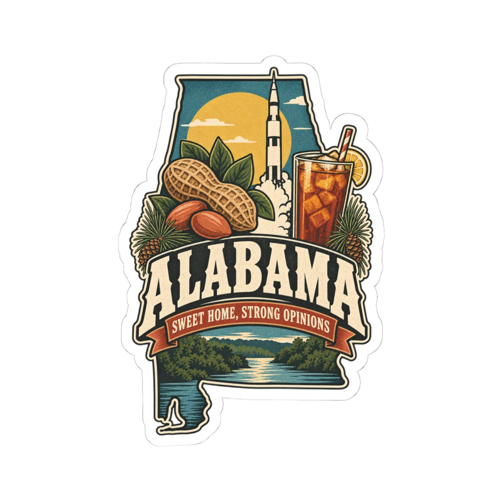 Alabama State Map Kiss-Cut Sticker — Vintage Scenic Landmark