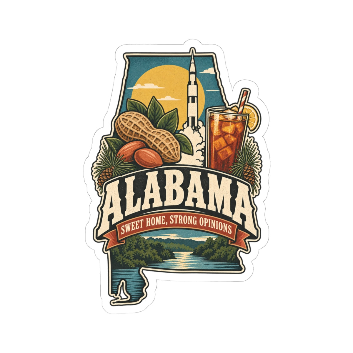 Alabama State Map Kiss-Cut Sticker — Vintage Scenic Landmark