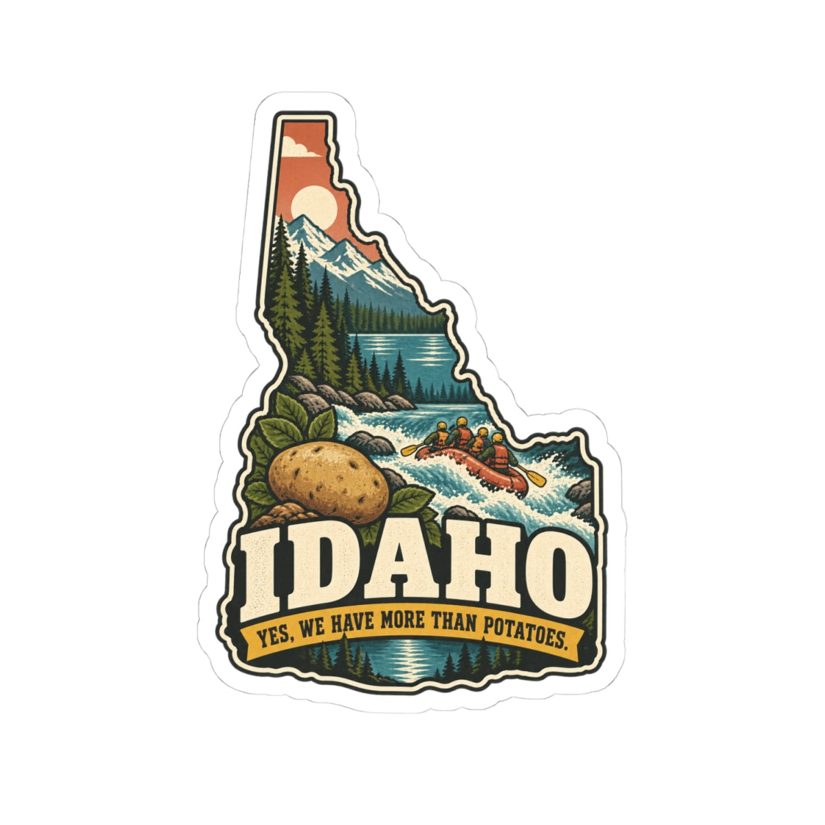 Idaho State Map Kiss-Cut Sticker — Vintage Scenic Landmark
