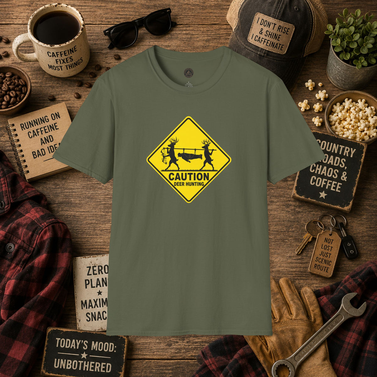 Caution 2 Deer Hunting - Hunter Road Sign Tee