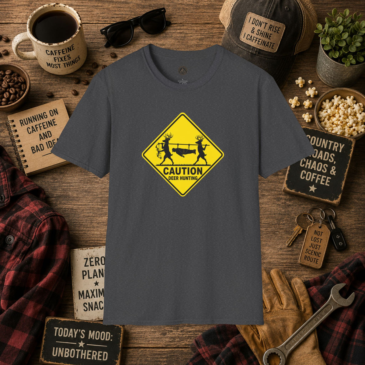 Caution 2 Deer Hunting - Hunter Road Sign Tee
