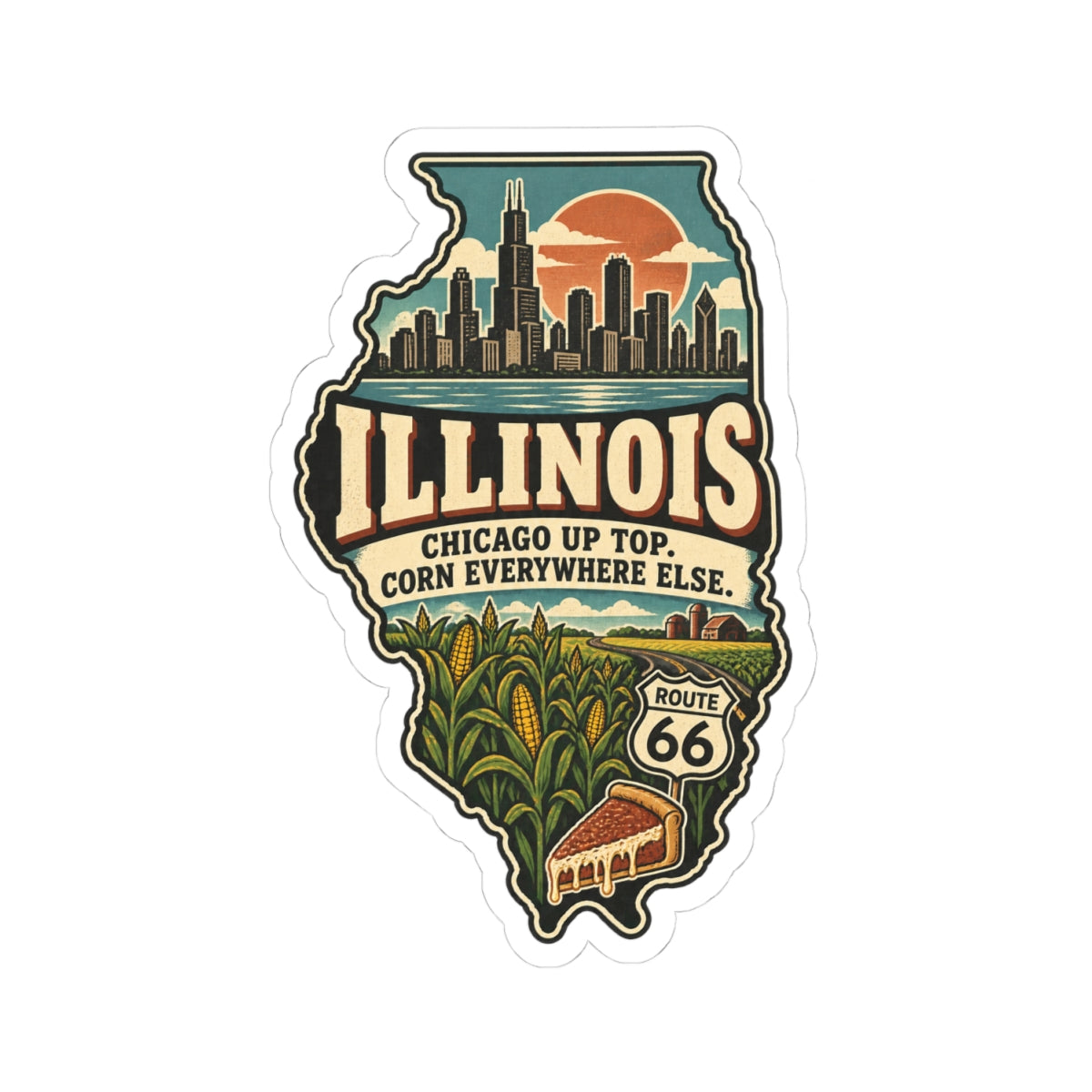 Illinois State Map Kiss-Cut Sticker — Vintage Scenic Landmark