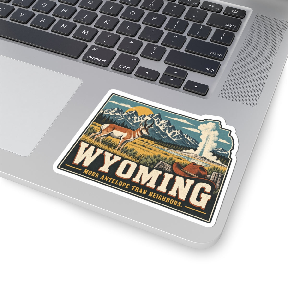 Wyoming State Map Kiss-Cut Sticker — Vintage Scenic Landmark