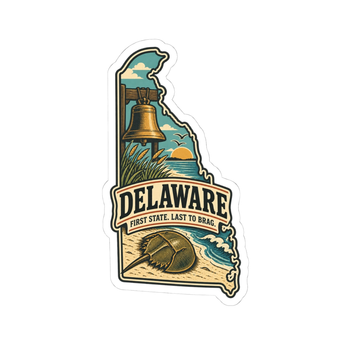 Delaware State Map Kiss-Cut Sticker — Vintage Scenic Landmark