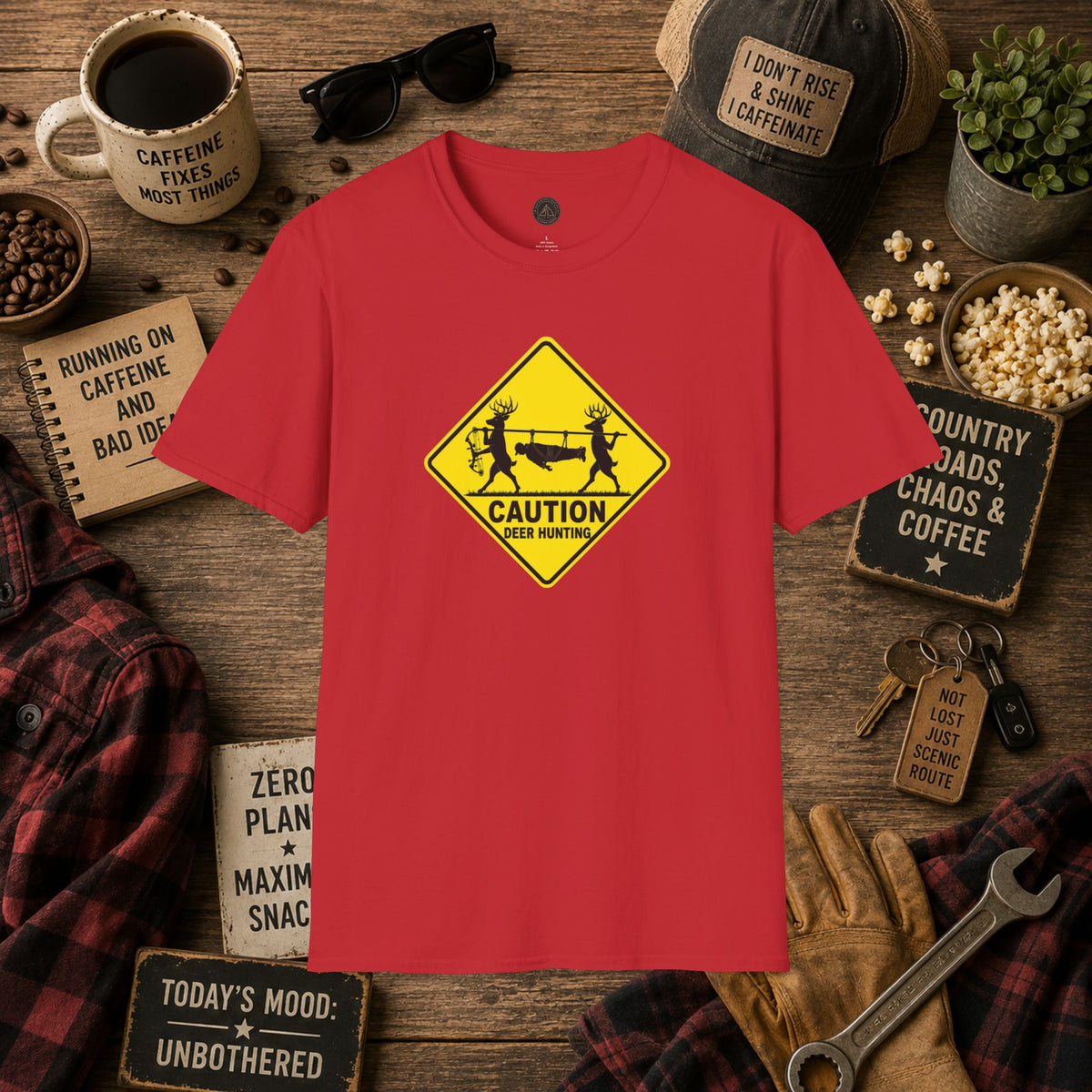 Caution 2 Deer Hunting - Hunter Road Sign Tee