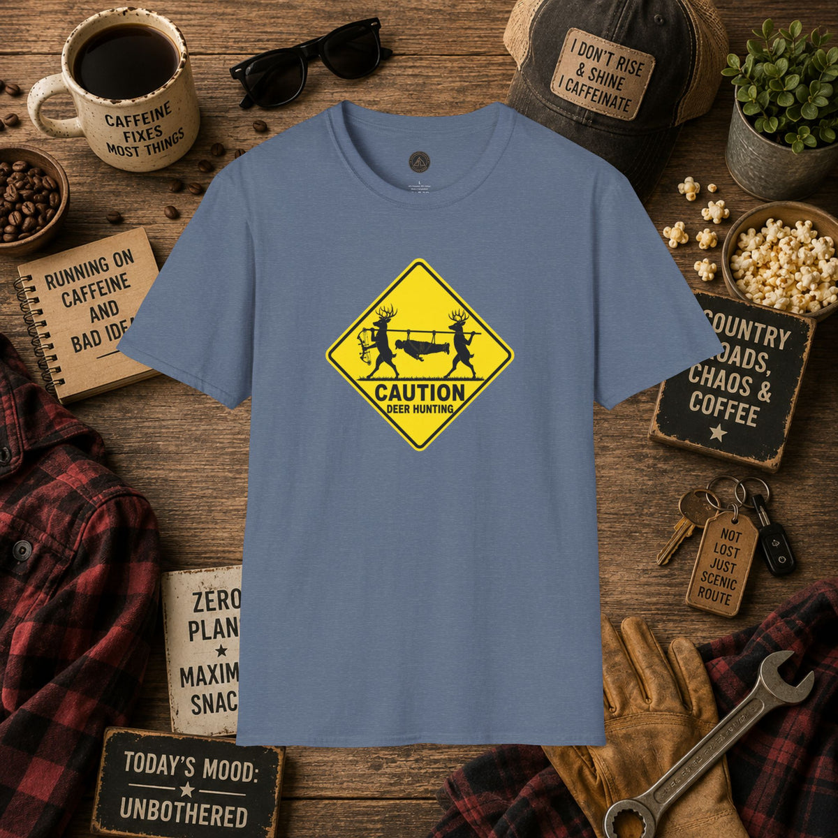 Caution 2 Deer Hunting - Hunter Road Sign Tee