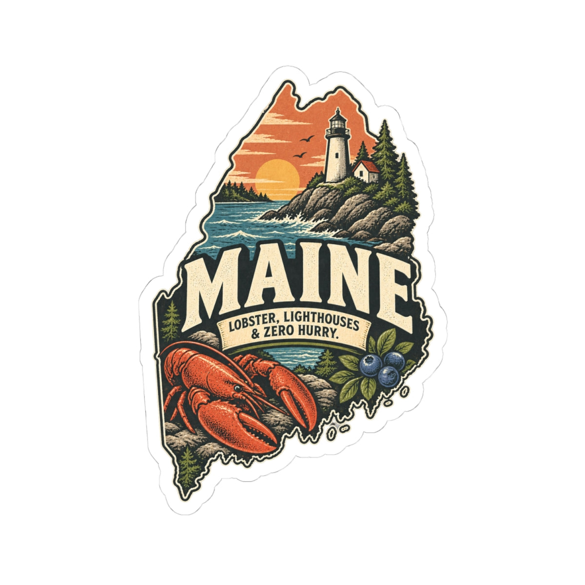 Maine State Map Kiss-Cut Sticker — Vintage Scenic Landmark