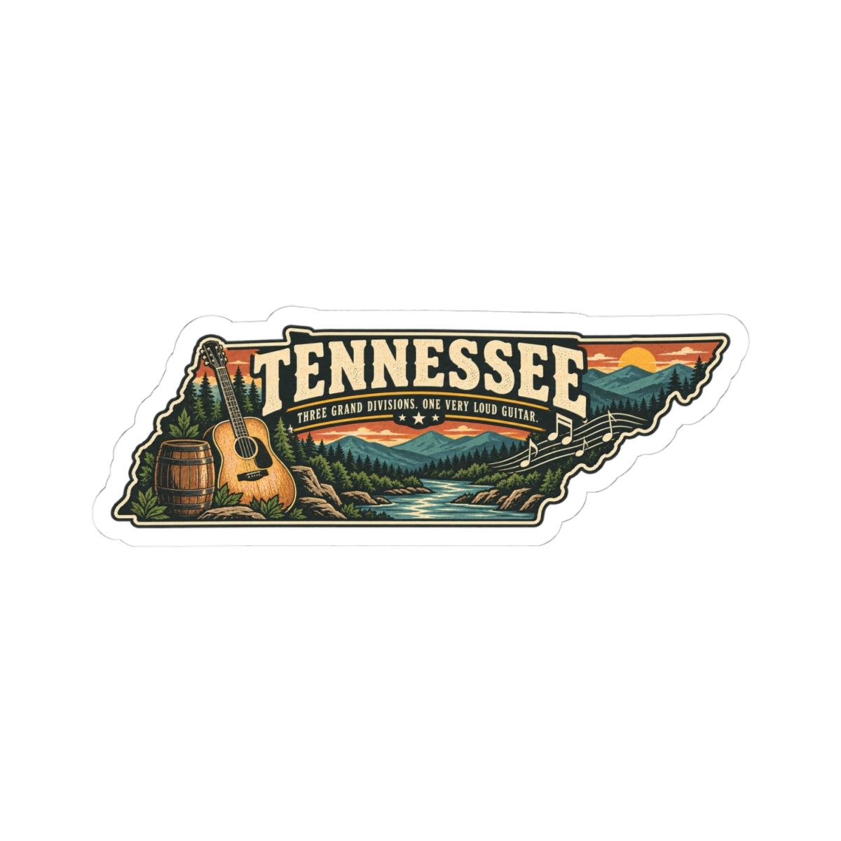 Tennessee State Map Kiss-Cut Sticker — Vintage Scenic Landmark