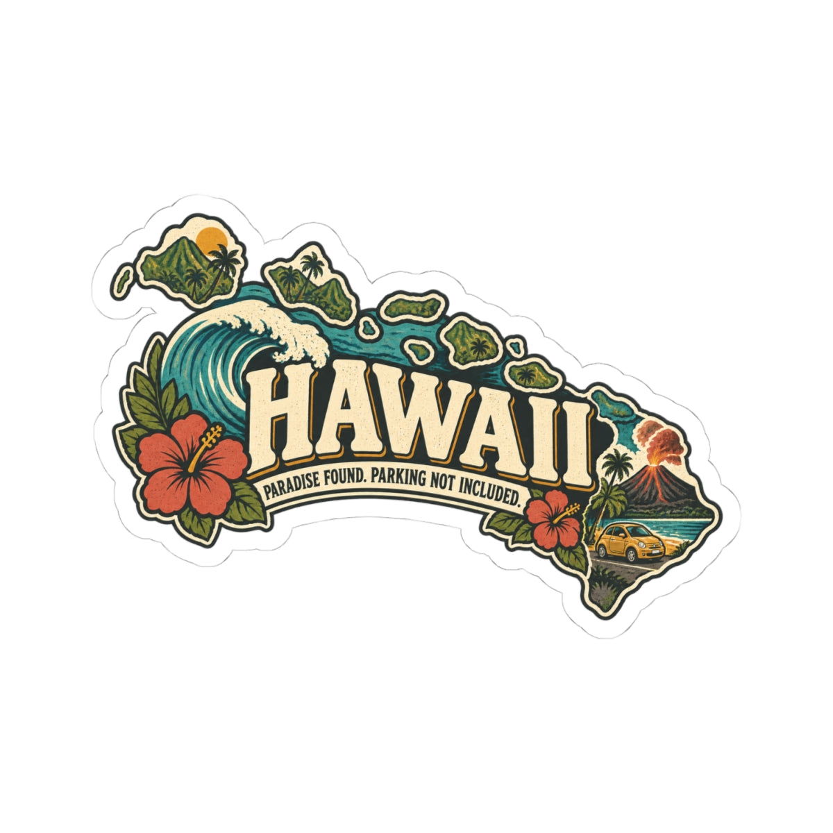 Hawaii State Map Kiss-Cut Sticker — Vintage Scenic Landmark